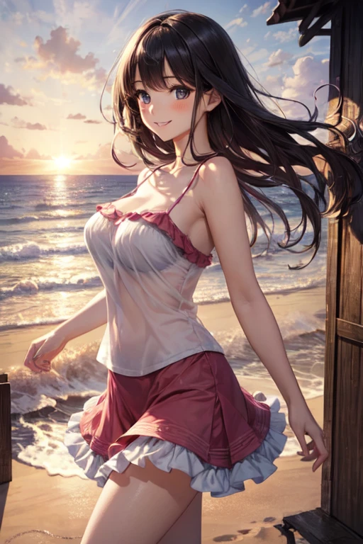 very cute and beautiful girl,(Very exquisite beautiful face and eyes),Pink camisole,Cute frilled petticoat,
(smile),Happy,View your viewers,Black Hair,Long Hair,Detailed legs,Beach,Tropical Resort,
(Highest quality,masterpiece),Absurd,High resolution,Super detailed,Very detailed,32k,8K resolution,
Intricate details,Movie Scenes,Detailed Background,alone,Dynamic Angle,
Natural light,Hair blowing in the wind,Beautifully detailed skies,Big Breasts