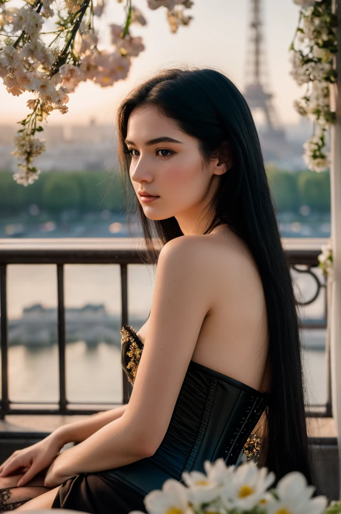RAW, analog, Nikon Z 85mm, award winning glamour photograph,
((best quality)), ((masterpiece)), ((realistic)), gorgeous French girl wearing, see-through corset, 18 years old, (long black hair), hazel eyes, sitting outside at a Paris, eiffel tower in background, , innocent, flower pedals in the air, intricate details, highly detailed, sharp focus, professional, 4k, spring flowers blooming, god rays, hand model, , delicate, innocent,
highres, detailed facial features, high detail, sharp focus, smooth, aesthetic, extremely detailed, photo_\(ultra\), photorealistic, realistic, post-processing, max detail, roughness, real life, ultra realistic, photorealism, photography, 8k uhd, photography, SEMI-SILHOUETTE light, russian face, eyes fixed on the camera