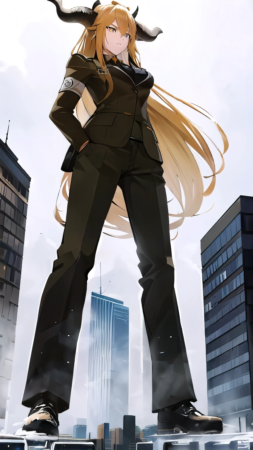 degenbrecher_arknights,giantess,look down,fullbody,Looking Down,Standing with your legs apart,microcity,Urban Background,Snow-covered city,No exposed legs,Long trousers,uniform