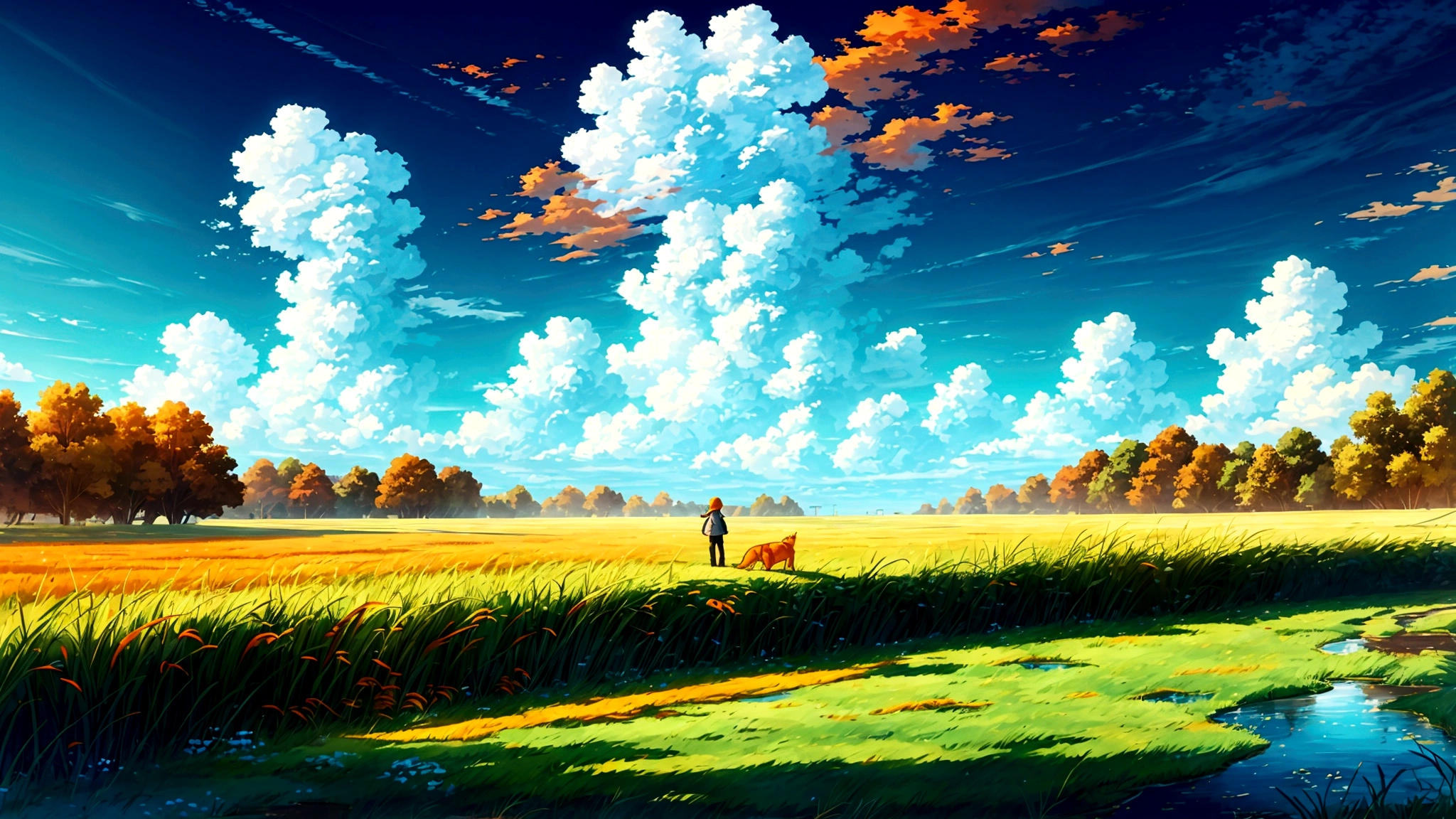 The sky is blue and the clouds float around.,green field,middle stream,Walking Directions,Orange cat turns to look at the camera,