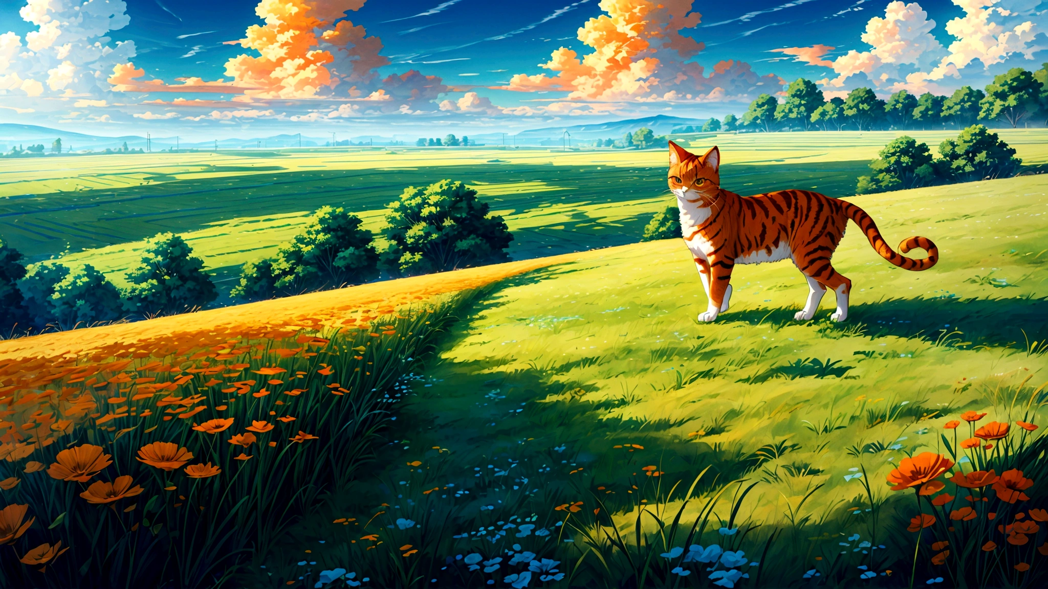 The sky is blue and the clouds float around.,green field,middle stream,Walking Directions,Orange cat turns to look at the camera,