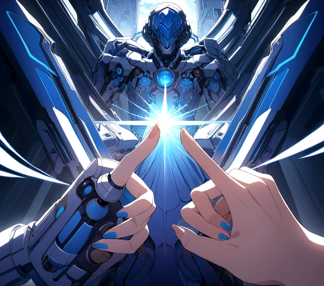 close up of a cybernetic human finger shooting a blue laser beam out of the fingertips