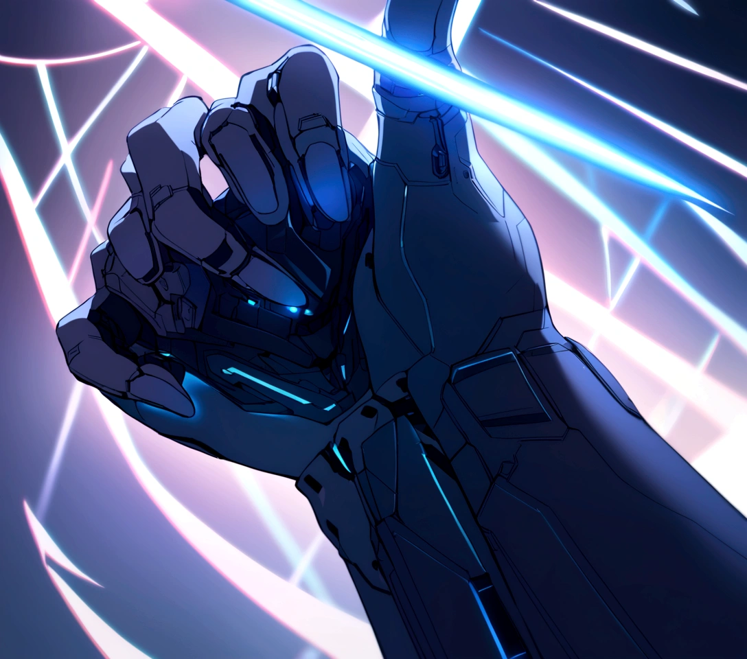 close up of a cybernetic human finger shooting a blue laser beam out of the fingertips