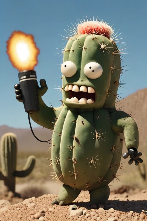 a realistic photo, a talking cactus holding a bomb