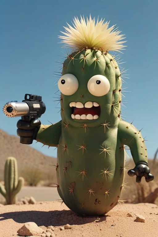 a realistic photo, a talking cactus holding a bomb