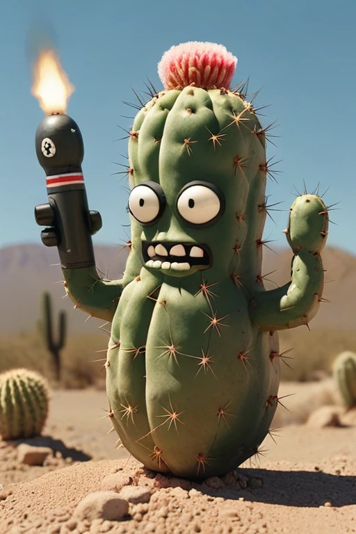 a realistic photo, a talking cactus holding a bomb