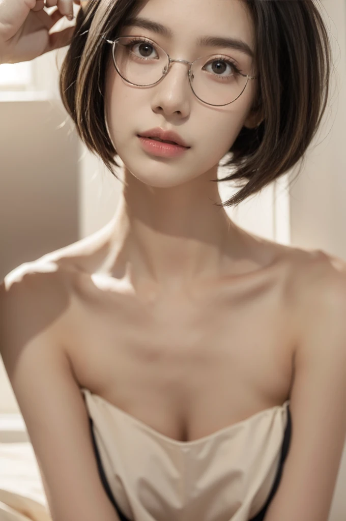 (((best quality))),(((ultra detailed))),(((masterpiece))),illustration,(close-up of face:1.3),((1 beautiful girl,solo)),(shoulder-length straight bob hair:1.2),(confused eyes:1.3),((slim,thin,small breasts,flat chest)),severe myopia,(glasses:1.3),strapless tank top,white wall,dim lighting,gaze,delicate collarbone,smooth skin,intellectual air,vision impairment,contrast,hauntingly beautiful,testament to resilience,(darkness:1.3)