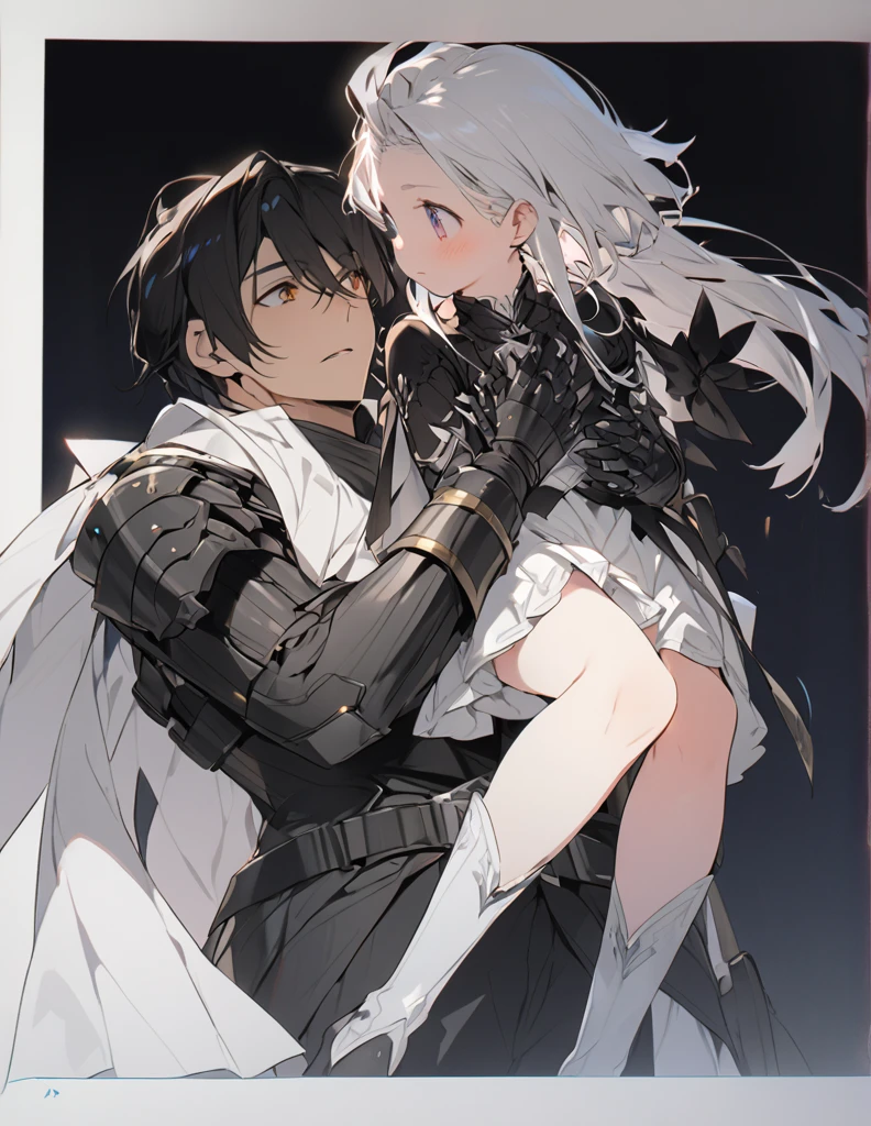 A man in black armor holding a girl with short white hair