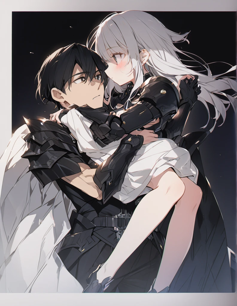 A man in black armor holding a girl with short white hair