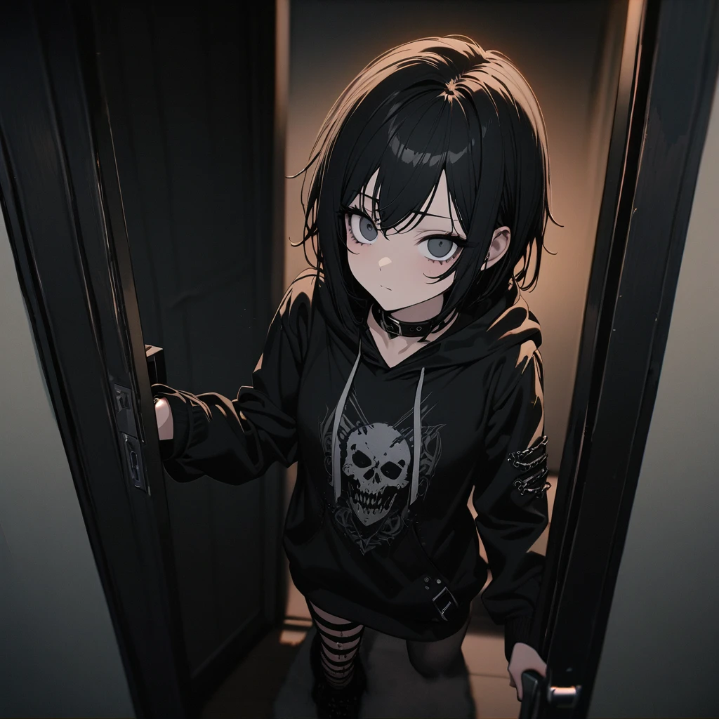 best quality, super fine, detailed eyes, 16k, incredibly absurdres, extremely detailed, emo highschool girl opening the door of her private room for you, looking at camera, emotionless expression, punk fashion, long black hair, gray deep eyes, black collar, black long-sleeves hoodie, full body, dim lights, (magnificent view:1.1)