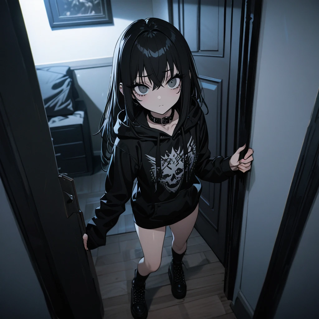 best quality, super fine, detailed eyes, 16k, incredibly absurdres, extremely detailed, emo highschool girl opening the door of her private room for you, looking at camera, emotionless expression, punk fashion, long black hair, gray deep eyes, black collar, black long-sleeves hoodie, full body, dim lights, (magnificent view:1.1) 