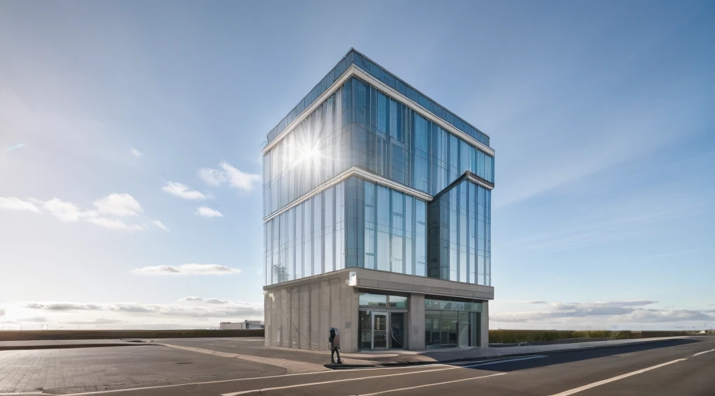 exterior of highrise office building, corner street, surrounding houses, contemporary style, Large reflective glass panels, blue sky, beautiful landscape, stone pavement,cars, RAW photo, 8k uhd, dslr, soft lighting, high quality, film grain, Fujifilm XT3,masterpiece,