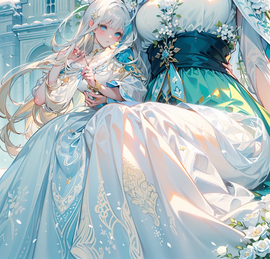 ((best quality,masterpiece,Extremely complex and exquisite details,The body of a beautiful girl with long white straight hair,long skirt)),(Exquisite light blue and white snow clothing,Beautiful bright and exquisite snow white ancient style high transparent architectural background),(Correct hand anatomy,Holding roses),(white hair,Snow,Falling Flowers,Majestic and elegant outdoors),sitting