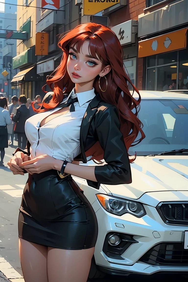 Goddess ((goddess-like woman)), slim, elegant silhouette, masterpiece, (close angle), best quality, cute face, (masterpiece:1,2, best quality), (real picture, intricate details), ( 1 lady, solo, medium tits, narrow waist, (long hair), a woman with long hair, red hair, long wavy red hair, Bangs, green eyes, she has an impressive presence., bracelet, hoop earrings, jewelry, beautiful face, beautiful eyes, she looks the Looking at viewer, She is wearing serious business dress, appropriately dressed as a CEO, black dress, sweet irresistible smile, elegant pose, Elegant hands, beautiful hands, perfect fingers, long perfect legs, Background: She is a CEO and is at an IT presentation event lots of people on the road, Business event, business meeting, Presentation of the latest products
