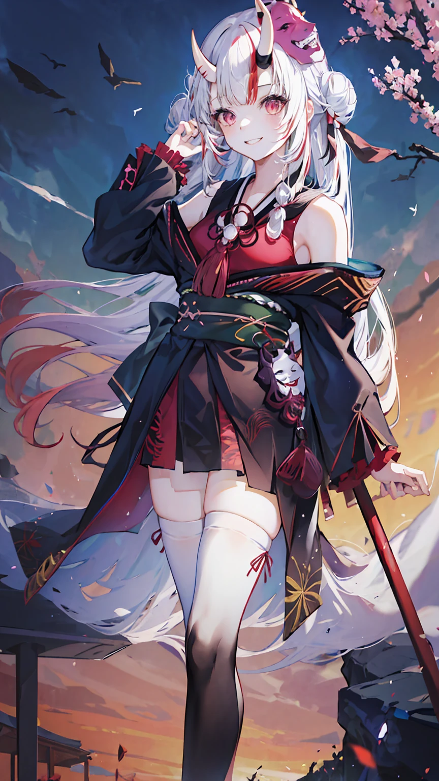 masterpiece, best quality, absurdres, perfect anatomy, 1girl, solo, Nakiri Ayame, long hair, double bun, AyameBase, black kimono, hair bell, obi, white thighhighs, bare shoulders, long sleeves, oni mask, mask on head, outdoors, standing, sakura tree, arms behind back, smile