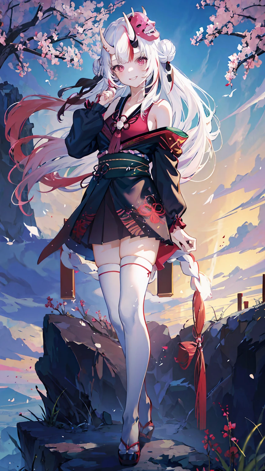 masterpiece, best quality, absurdres, perfect ???????, 1girl, solo, Nakiri Ayame, long hair, double bun, AyameBase, black kimono, hair bell, obi, white thighhighs, ???? shoulders, long sleeves, oni mask, mask on head, outdoors, standing, sakura tree, arms behind back, smile