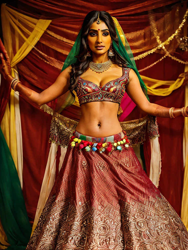 Indian Bride in a vibrant lehenga choli set, round deep navel, eyes symmetry, face symmetry, HDR, bold and rich colors, intricate embellishments, and festive accessories for a celebratory look, HDR