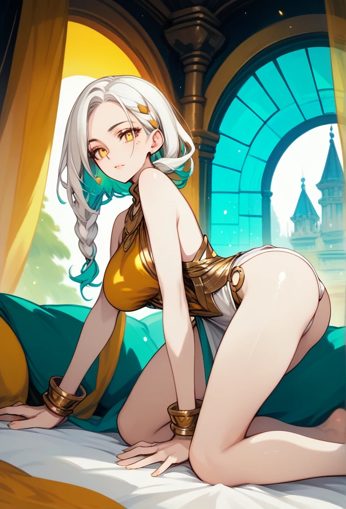 Mature woman, mature face, gentle face, glossy lips, golden eye color, golden eyes, gentle eyes, (braid hairstyle, bob hair, white hair, yellow gradient hair color, glossy hair), slender body, thick thighs, saintess clothes, white clothes, white loincloth, ass up head down, front view, bedroom