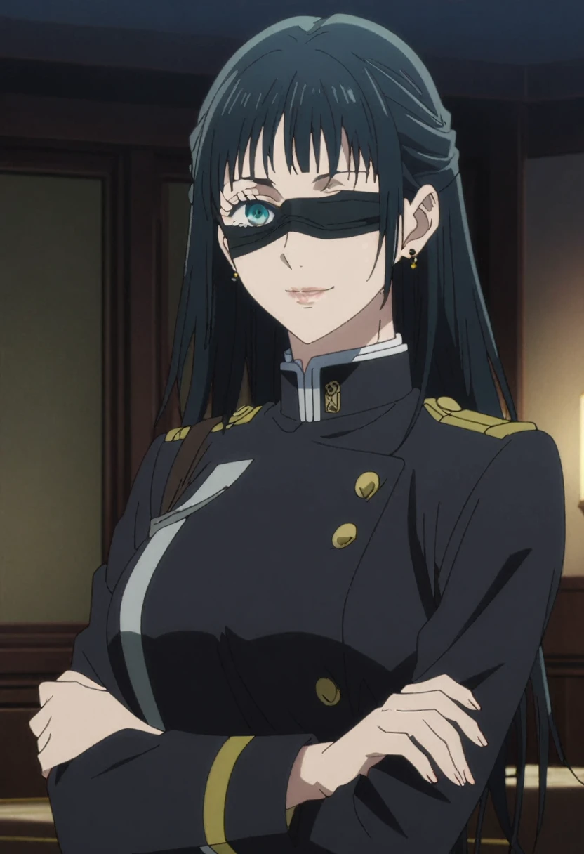 1girl, female gojo satoru, anime screencap from jujutsu kaisen, gojo satoru female version, solo, long_hair, Blue eyes ((black blindfold)) ((Sliver_hair)), night view, (hanging breasts) upper_body, smile, indoors, book, green_eyes, lips, (parted bangs) ((wearing black colour uniform with button)) breast, "very detailed and high resolution" (Blue eyes) (cross arms) ((long hair)) ((solo)) (front view) (earings) ((high resolution)) ((good quality)) ((side bangs))