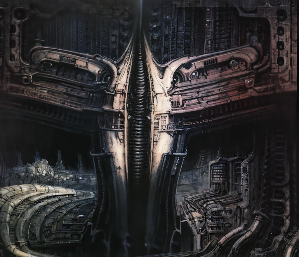 Giger_style, A painting of (biological style scenery), (neoplasticism:liminal void:0.1),a landscape under nebulous sky, dieselpunk biological living, colossal,mechano-organic, infestations over beomesurreal biomechanical landscape, , robotics cross sections, ((perspective)), h r giger's city,giger_style, by (hariton pushwagner:h.r. giger:0.6), detailed innards,(((cleen colors palette,saturated, silver crimson and gold, intoxicatingly blue and understand grey))), (process art:deconstructivism), allegory of sin,infinitely detailed ultrafine and contrast organic textures,big painting,, medium: airbrush, biomech, aerial view yoji shinkawa, award winning on artforum, (( high contrast)), trend on quality of details,colorized: vibrant colors, incredibly detailed and hyper-detailed, masterpiece