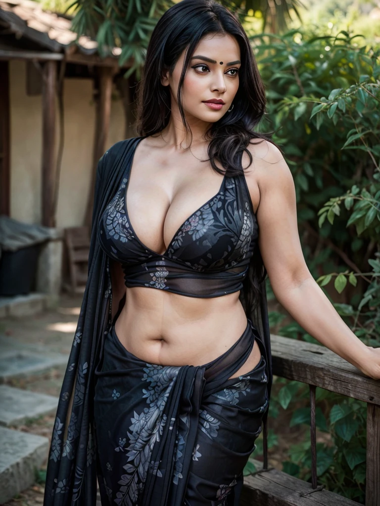 Beautiful Hot and sexy milf woman, gigantic breasts, cleavage, wore stylish and design dark Black colour saree (printed Design), standing in mountain (afternoon time), standing & model pose, beautiful body, masterpiece, ultra realistic,detailed, 16 k , Film type light, potrait photography, camera angle front, looking at viewer