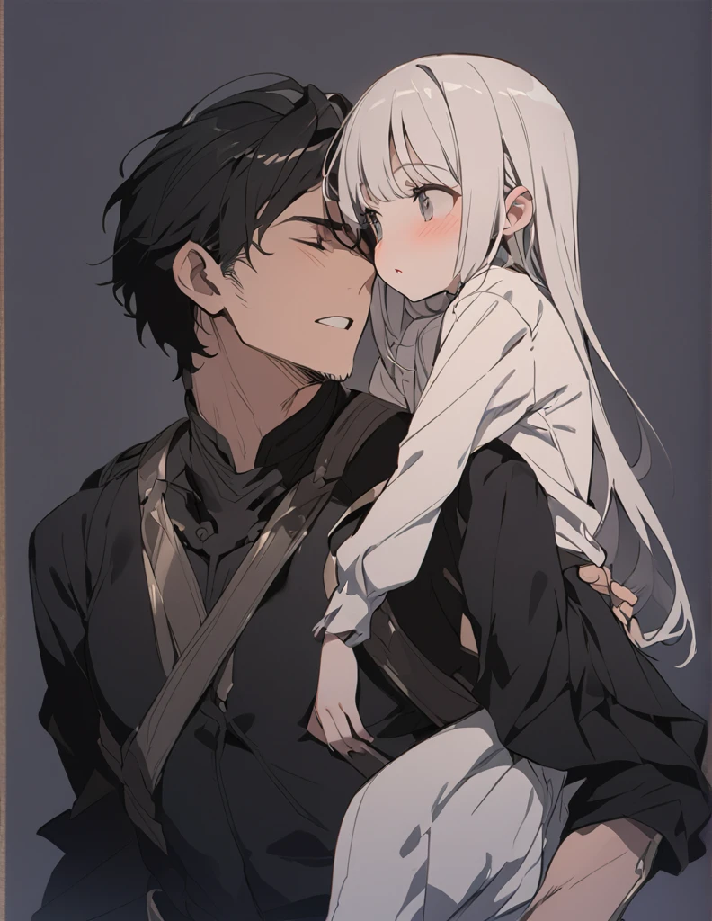 masterpiece　A man in black armor holding a girl with short white hair

