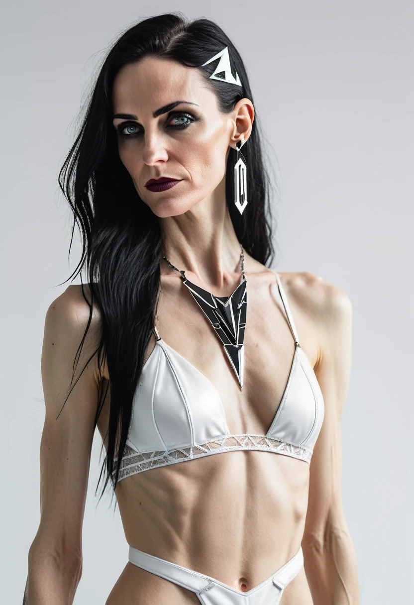 skinny 40 years old woman, extra , flat chest, small ass, black long hair, wearing white cyberpunk lingerie with triangular forms, in a white background, black nails, triangular necklace, triangular earrings, showing vagina