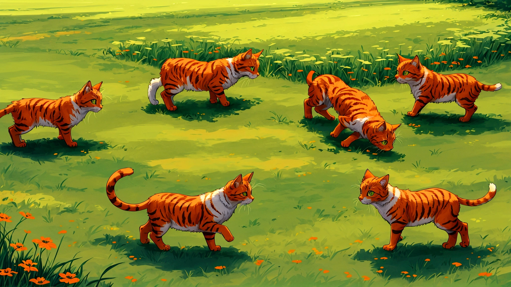 ,green field,middle stream,Walking Directions,Three orange cats turn to look at the camera.,