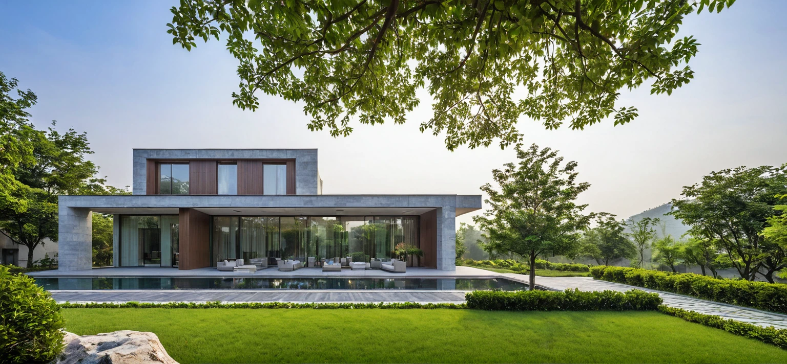 qlcd,tingyuan, photo of modern villa, grassland, garden, shrubs and trees, rock decoration, clear sky, sun light, realistic photo