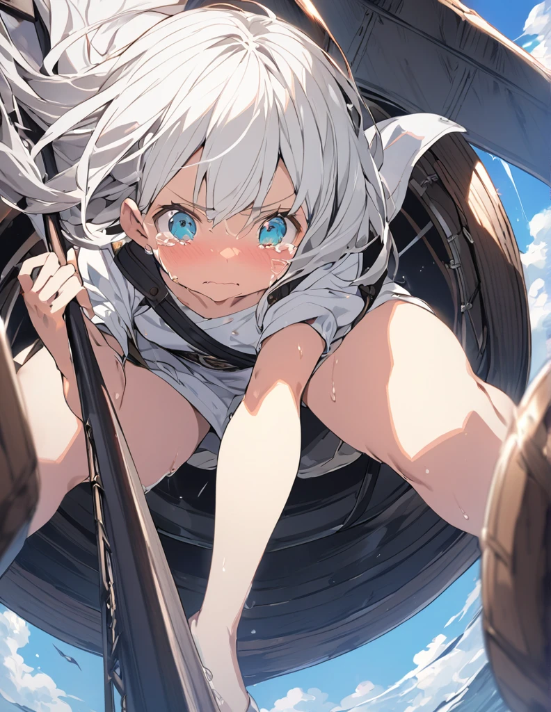 A white-haired girl crying in the cockpit of a giant weapon
