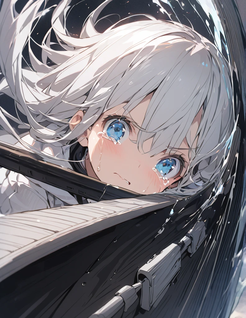 A white-haired girl crying in the cockpit of a giant weapon
