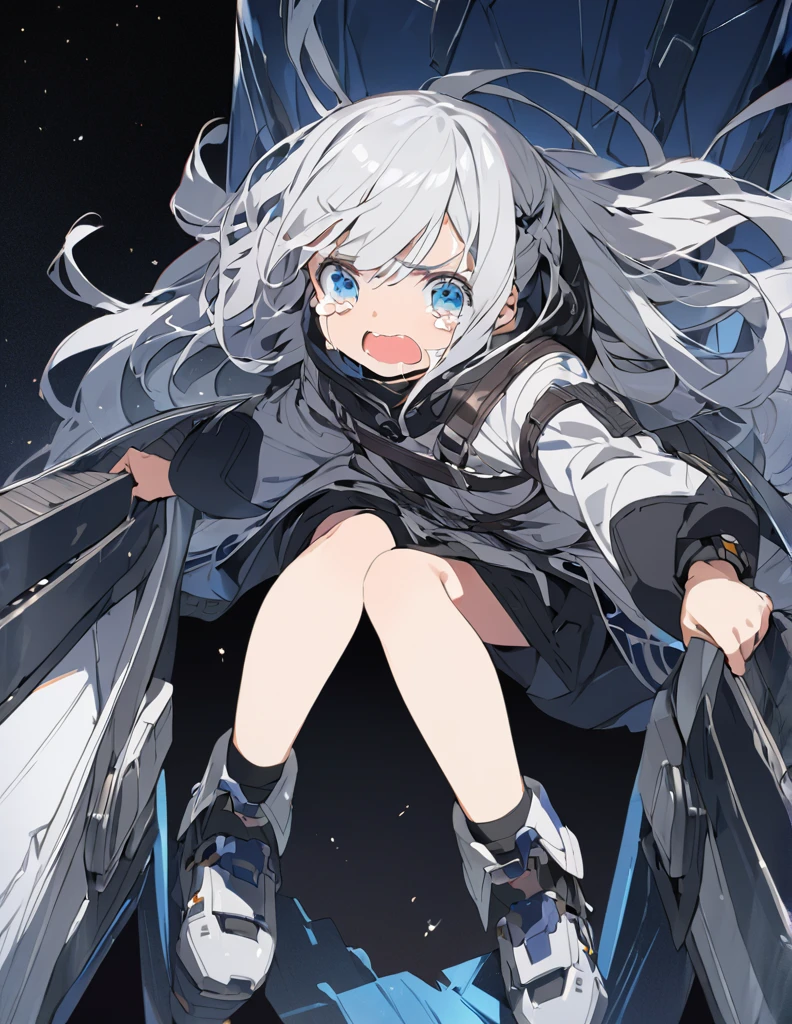 A white-haired girl crying in the cockpit of a giant weapon