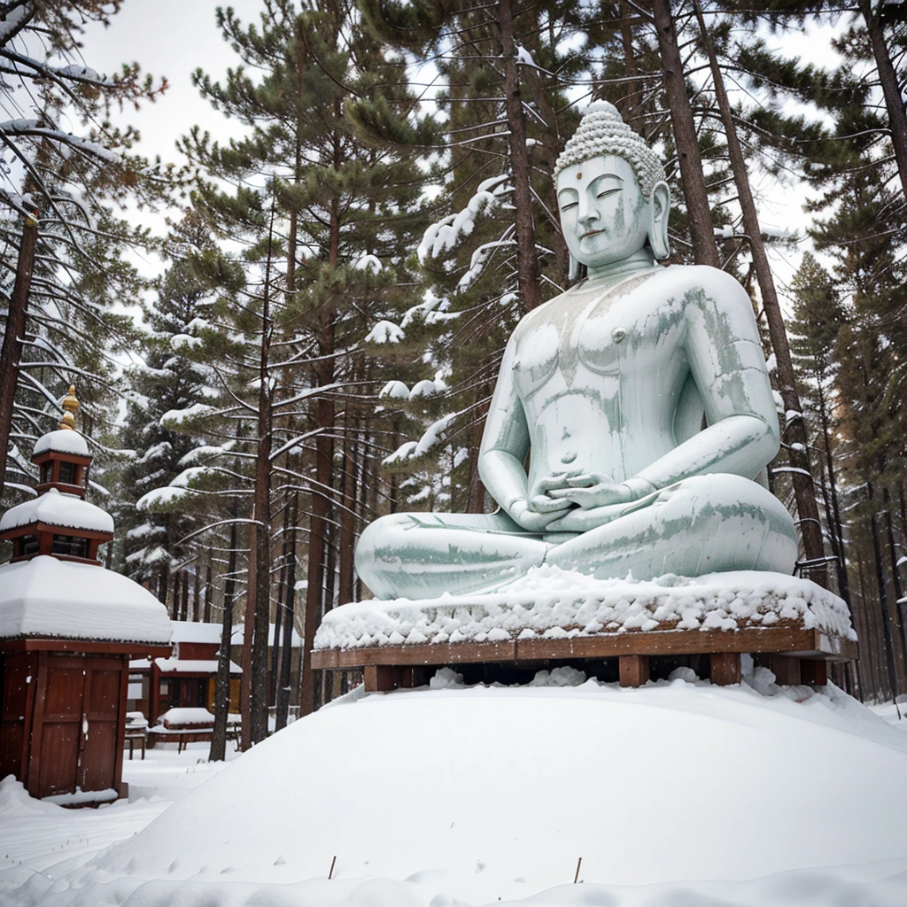 Nagaprok Buddha statue Set amidst the snow Behind there are pine trees. 