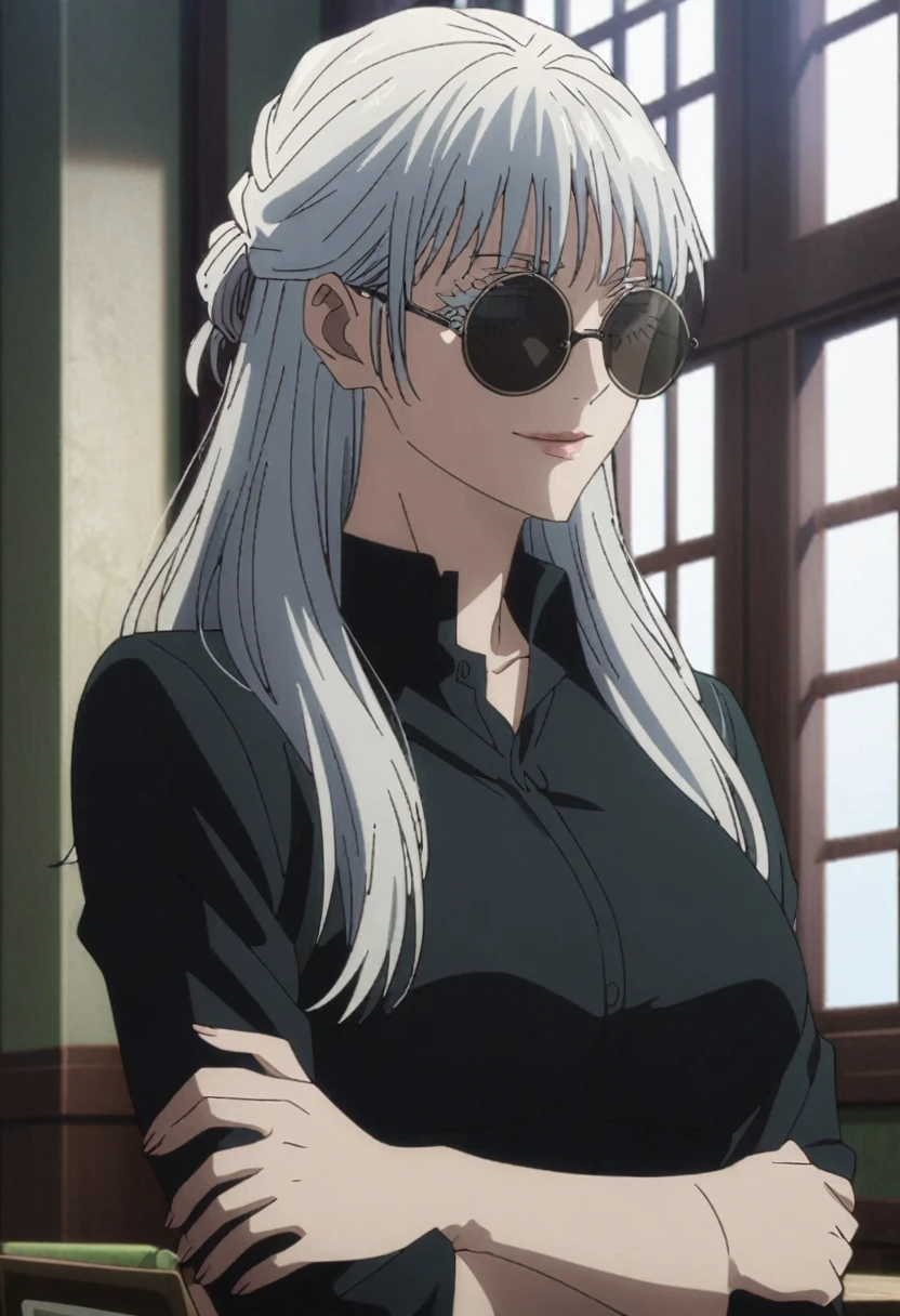 1girl, female gojo satoru, anime screencap from jujutsu kaisen, gojo satoru female version, solo, long_hair, black blindfolded, ((white eyelashes)), ((white_hair)), window, breasts, upper_body, smile, indoors, book, bangs, lips, (wearing round sunglasses) , ((her hairstyle : The character in the image has long straight white hair)) wearing black colour collared outfit, breast, "very detailed and high resolution" (black blindfolded) ((cross arms)) 