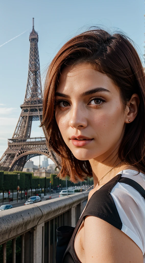 "Performs a detailed analysis of the image in RAW format entitled 'REST OF THE DIGITAL DREFLEX (kkw-ph1:0.9)' showing a young woman in her 20s. Describes her physical appearance in terms of her red hair, ojos, labios y nariz. Examine how the location of the Eiffel Tower in Paris in the background adds context and meaning to the image. Analyze the use of lighting and color to highlight the professionalism of this photograph."
