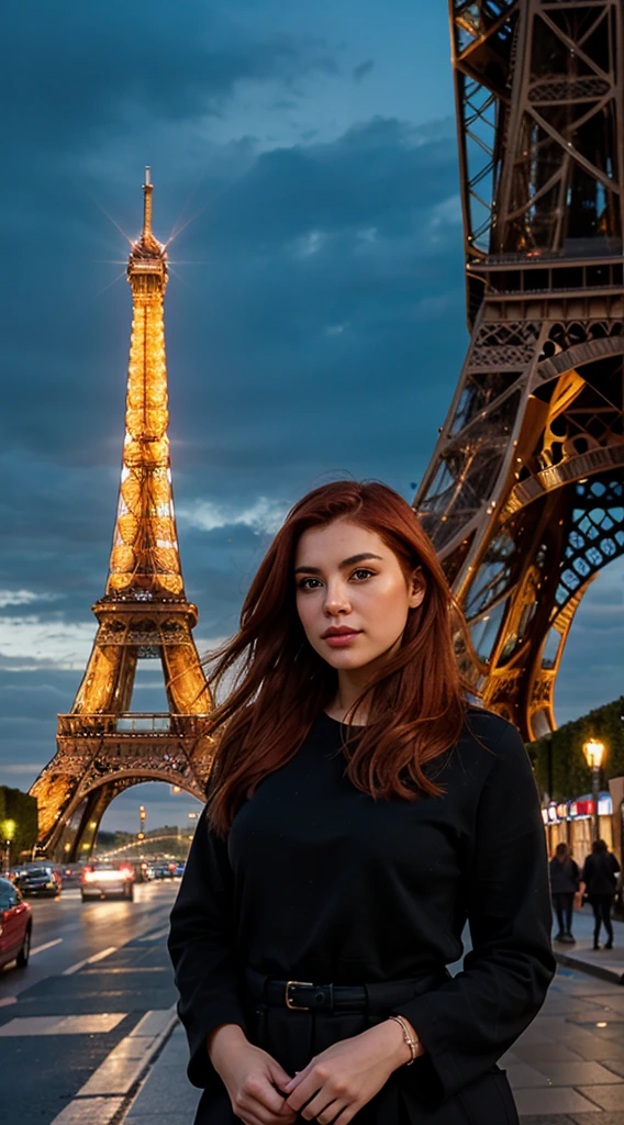 "Performs a detailed analysis of the image in RAW format entitled 'REST OF THE DIGITAL DREFLEX (kkw-ph1:0.9)' showing a young woman in her 20s. Describes her physical appearance in terms of her red hair, ojos, labios y nariz. Examine how the location of the Eiffel Tower in Paris in the background adds context and meaning to the image. Analyze the use of lighting and color to highlight the professionalism of this photograph."