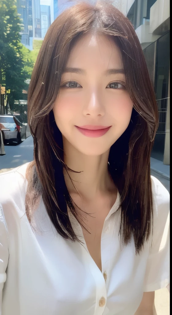 ((Best Quality, 8K, Masterpiece: 1.3)), Sharp Focus: 1.2, A Beautiful Woman with Perfect Figure: 1.4, Slim Abs: 1.2, (Layered Hairstyle,: 1.2)), (Wet White Button Long Shirt: 1.3), Rain: 1.3, Street: 1.2, Wet Body: 1.1, Highly Detailed Face and Skin Texture, Detailed Eyes, Double Eyelids, Big Breasts, Smile,