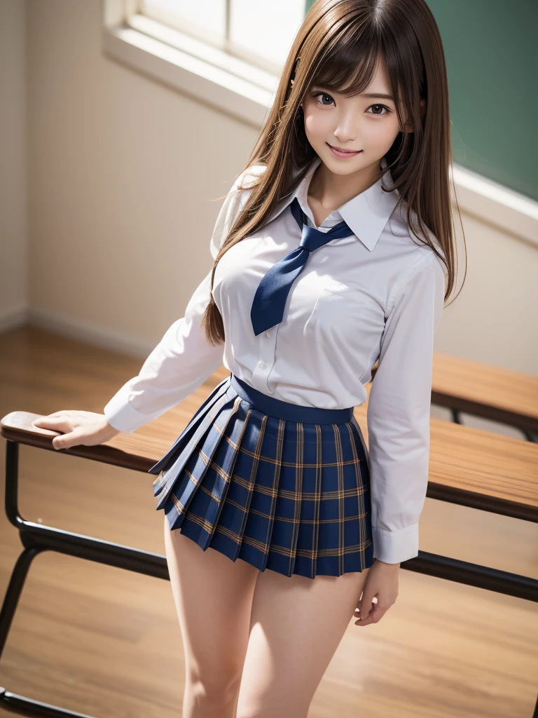 8K, Highest quality, The real picture, Intricate details, Very detailed, Ultra-high resolution, Depth Field,(Realistic,Realistic:1.2),Tabletop , ((Full Body Shot)) , ((Long, slender legs)), 1 girl, eye_Chan, Very beautiful 17 year old girl, innocent big eyes,、Beautiful breasts:1.5、非常に詳細なeye:1.2)、(Beautiful breasts:1.1)、((Light Brown Hair))、(Long Bob Hair), Asymmetrical bangs, Perfect Skin, Fair skin, Small breasts, Tight waist, alone, Staring at the audience, (smile)、((School_uniform), (White shirt、Wear a tie), (Blue checkered pleated micro mini skirt), ((Fold your arms in front of your chest and act arrogantly)), ((楽しそうなsmile)), ((Perfect hand shape))