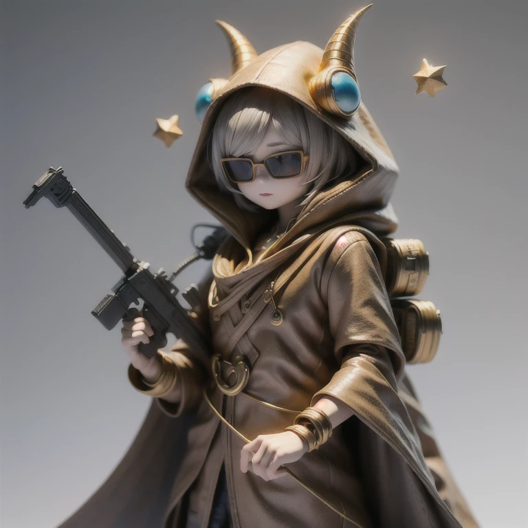 Three-headed body suit copper and gold wire diamond Maya star,Coarse linen cloak rainbow hood platinum silk cyberpunk light crossbow space station 1:900 miniatures,Leather illustration,Side viewing angle,((Side viewing angle)),Wear gold wire-rimmed reflective sunglasses,Carry future weapons,very happy,Side viewing angle,whole body,Stereo,(Nautilus)Octane Rendering,Perfect face,Collagen texture,