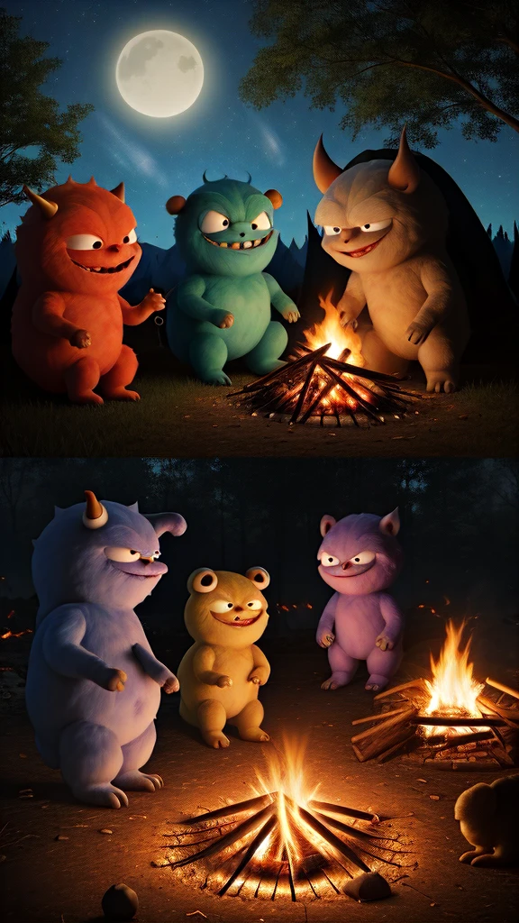 friendly, fuzzy monsters gathered around a campfire