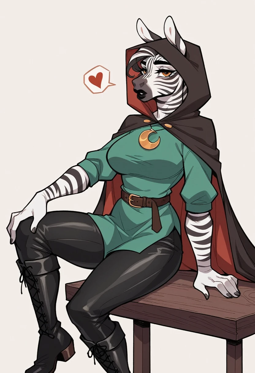 A 19-year-old female beastfolk with a mesomorph build, covered in sleek, black-and-white striped fur like a zebra, sits at a wooden table in a medieval tavern. Her striking amber eyes and heart-shaped face with high cheekbones give her an exotic look. Her mane-like hair, a cascade of black and white streaks, falls to her shoulders, complemented by full, dark lips, narrow high-arched eyebrows, and a small, straight nose. She wears a deep emerald-green tunic with gold embroidery, cinched with a leather belt adorned with runes, and a dark brown cloak with a fur-lined hood. Black leather pants and knee-high boots with silver buckles complete her outfit, while a silver crescent moon pendant around her neck adds a touch of mystique. She leans forward slightly, her fingers tracing the runes on her belt thoughtfully.