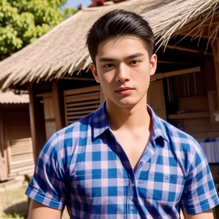 Haraf man looking at camera, perfect has a round face, A well-maintained model., Close-up photo, Southeast Asian man with a round face, 3-D profile picture, 8K, 45,000,000 pixcls, realistic light colors, beautiful young asian man, Asian man, charming anime, Comfortable pose, Anime Asian man in real life, attractive handsome man, young Asian man, Russian mixed with Japanese, perfect body, Freestyle photo of a handsome young man, ผู้Asian manที่สวยงาม, The character is in her natural pose.,