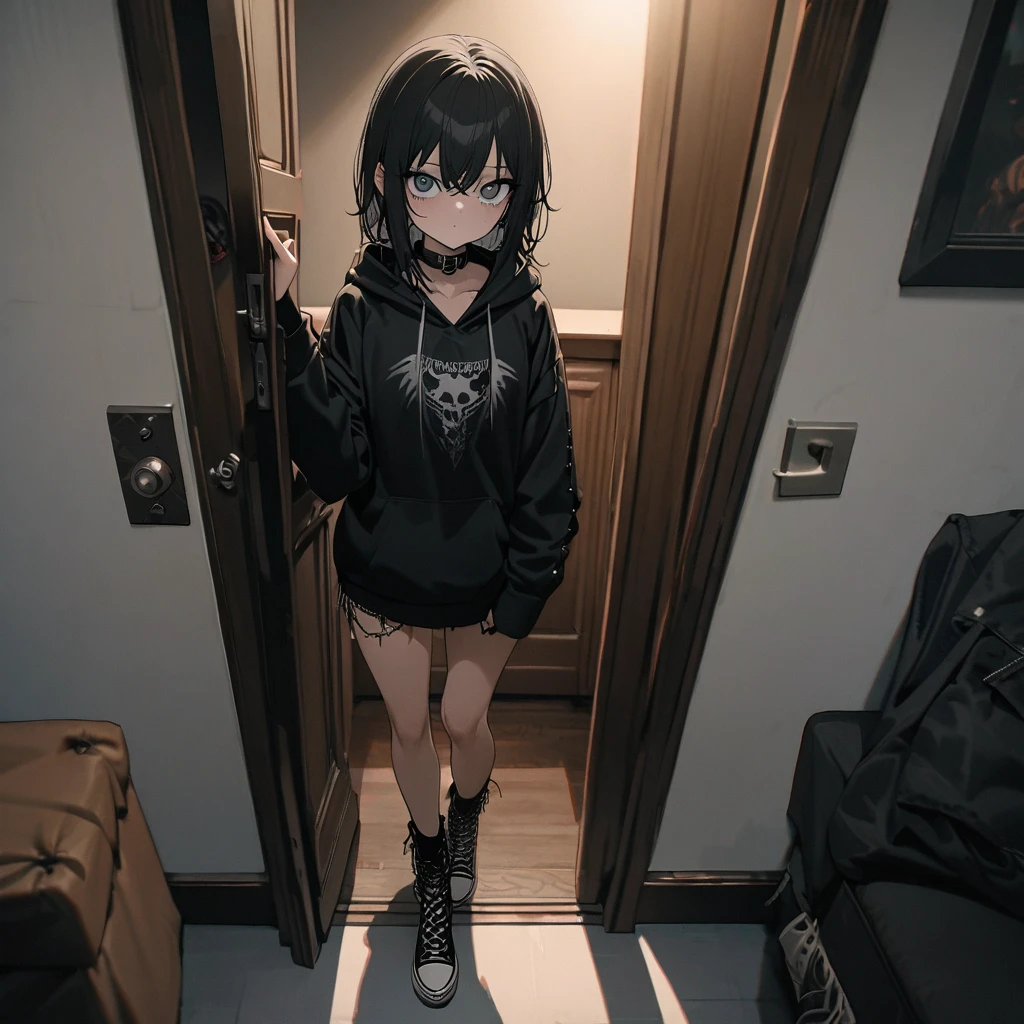 best quality, super fine, detailed eyes, 16k, incredibly absurdres, extremely detailed, emo highschool girl opening the door of her private room for you, looking at camera, emotionless expression, punk fashion, long black hair, gray deep eyes, black collar, black long-sleeves hoodie, full body, dim lights, (magnificent view:1.1)
