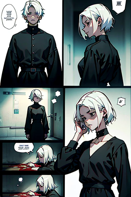 Girl with short white hair small and really skinny, feeling extremely sick, detailed illness, coughing blood, fainting , throwing up, bloody, wearing long black dress, running, manga page with panels and dialogue