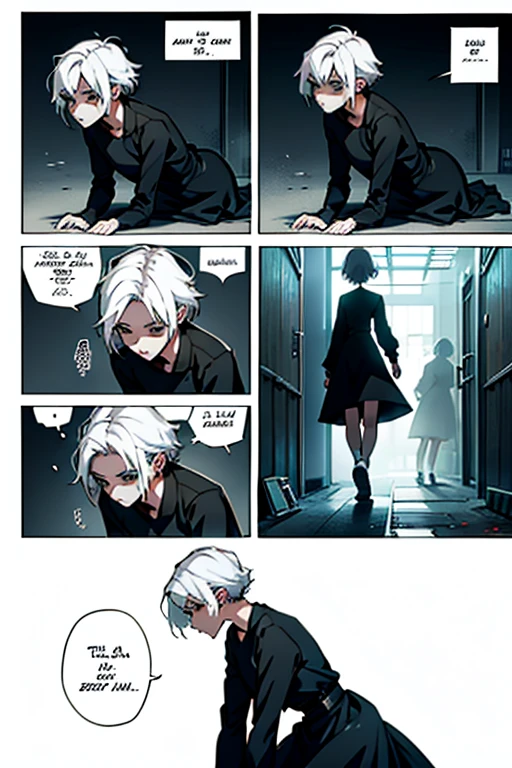 Girl with short white hair small and really skinny, feeling extremely sick, detailed illness, coughing blood, fainting , throwing up, bloody, wearing long black dress, running, manga page with panels and dialogue    