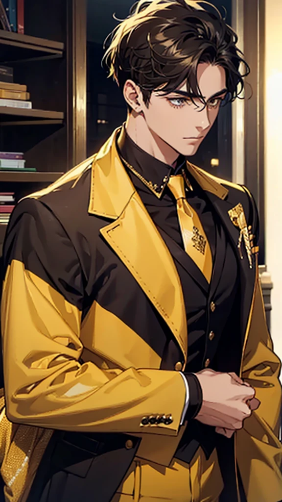 Man, college student, short hair, gold ear cuff, yellow and black striped suit, upper body