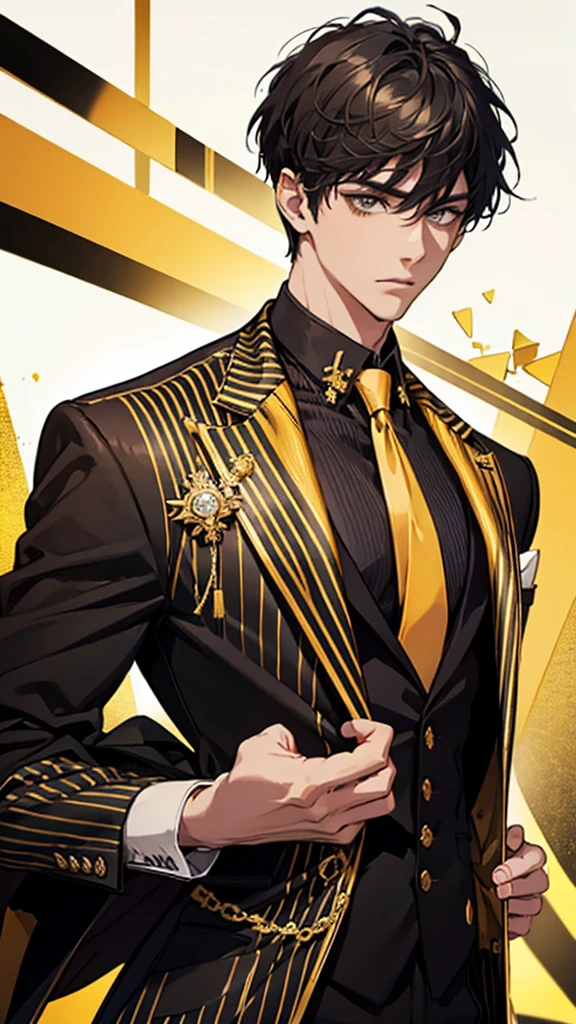 Man, college student, short hair, gold ear cuff, yellow and black striped suit, upper body