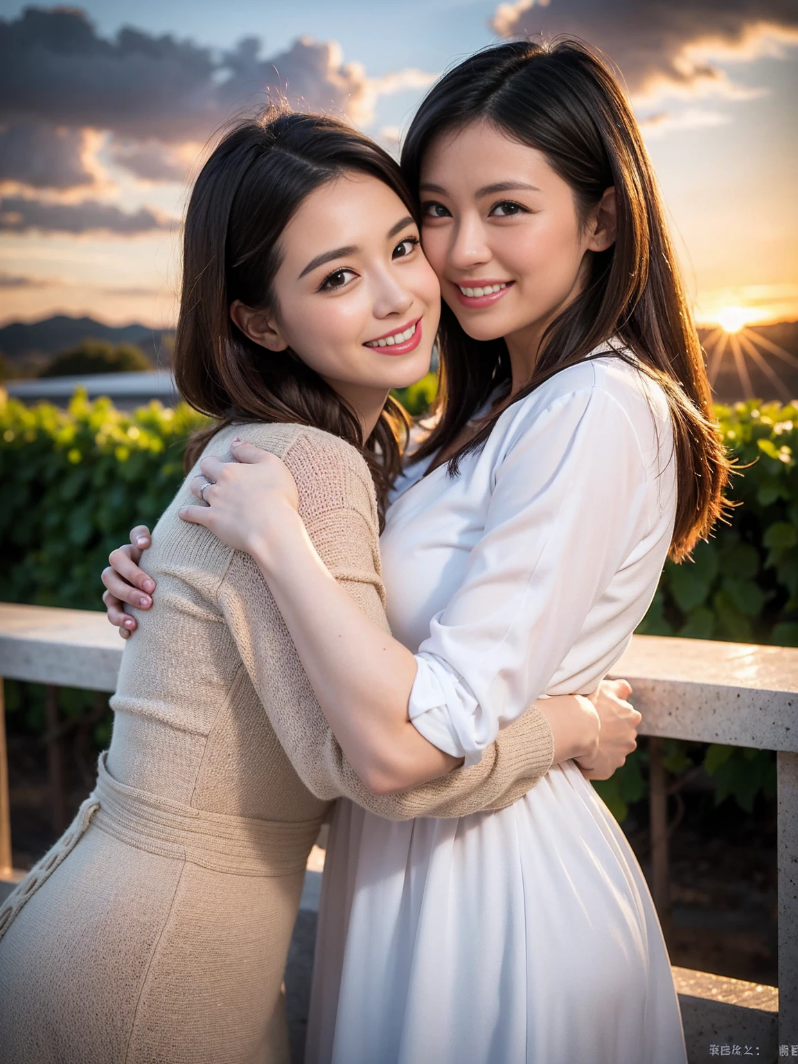 ((Highest quality、8K、masterpiece:1.3))、 (Genuineistic, Genuine、Bright image、Intricate details:1.2), 最高のsmile、Wine Party、full-course dinner、Beautiful couple、The pink lovers、actress couple、smile、 (Slim face), (the body is slim), (Brown Hair), (short hair), テーブルのwine glass、Please shine a light on my face、 Amazing view of the sunset sky and clouds、 years old)40 years old, red wine 、Appetizers、Wine bottle、sparkling wine、Long sleeve shirt、dress、White wine, red wine, wine glass,