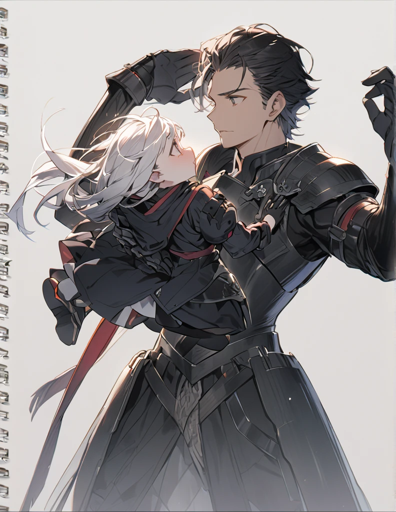 A man in black armor holding a girl with short white hair