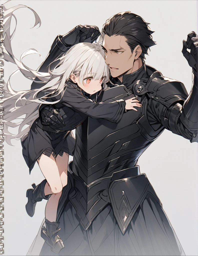 A man in black armor holding a girl with short white hair